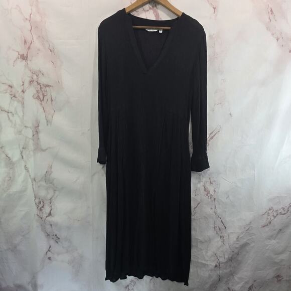 & Other Stories Dress Womens 4 Small Black Midi Slit Crepe Notch Long Sleeve - Picture 1 of 11